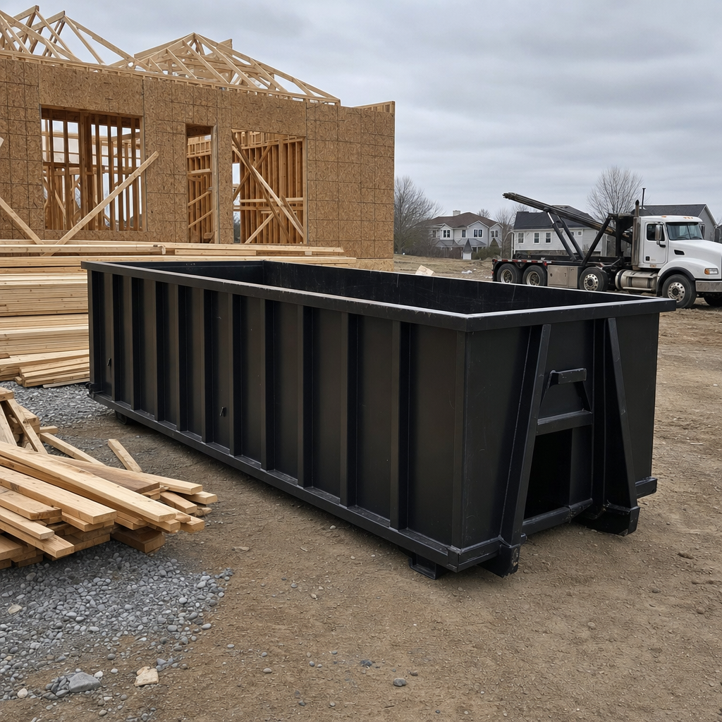 Matte-black 40-yard roll-off dumpster staged on a framed-out residential construction site in North Miami, framing lumber stacked nearby, hooklift delivery truck visible in the background under bright Colorado daylight