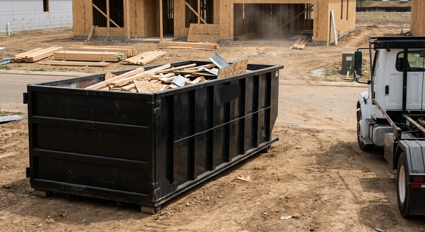 Matte-black 20-yard roll-off construction dumpster with heavy ribbed steel sidewalls and swing rear doors at a working jobsite in North Miami, sitting directly on compacted dirt with an unmarked white hauler partially visible at the far edge of the frame.