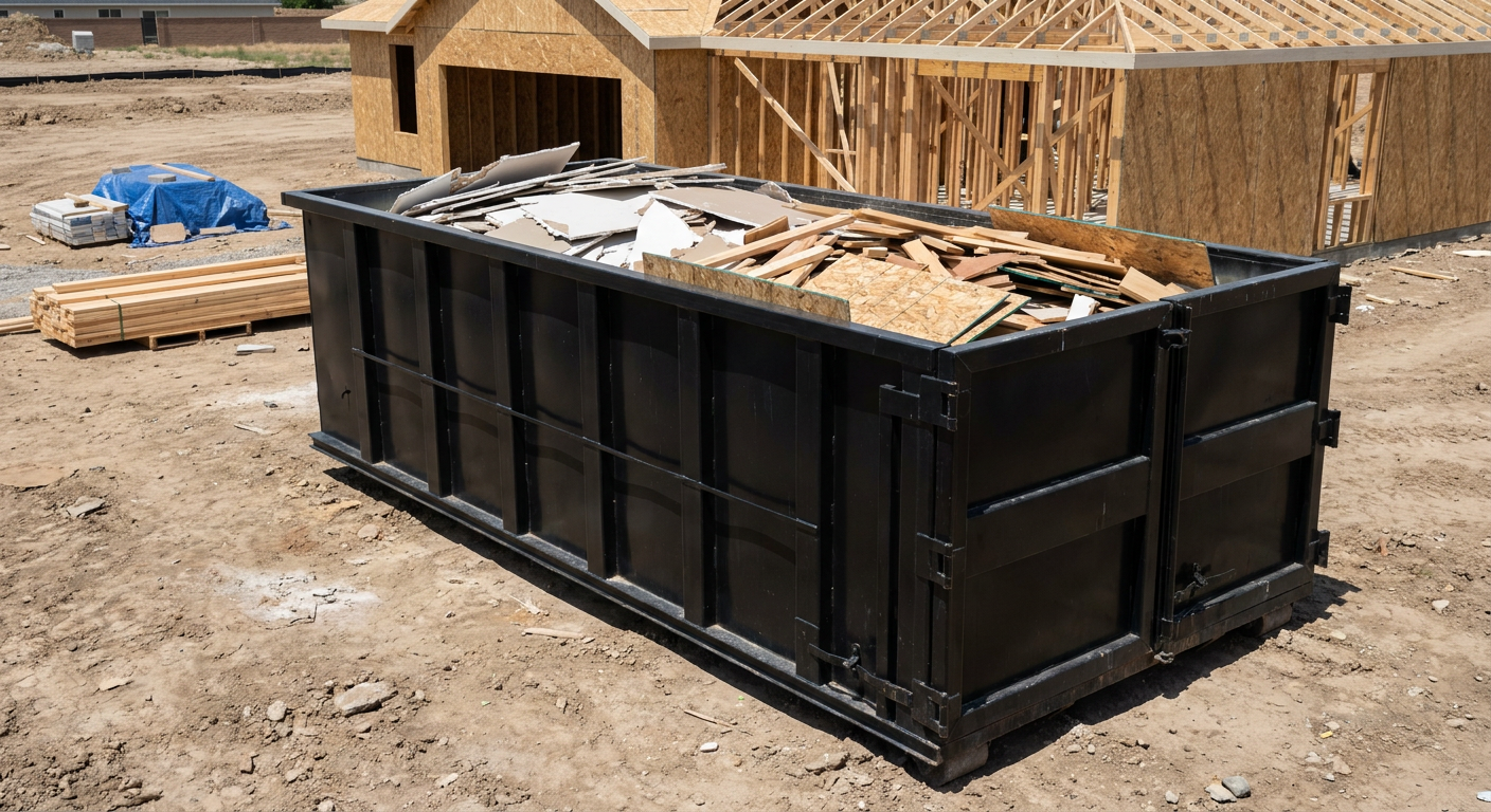 Matte-black 30-yard roll-off construction dumpster sitting directly on the compacted-dirt site of a framed single-family home build in North Miami, drywall and lumber scrap loaded inside.