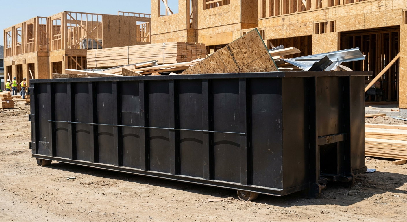 Matte-black 40-yard roll-off construction dumpster being lowered from a white-cab hooklift delivery truck onto the compacted-dirt jobsite at a commercial build site in North Miami