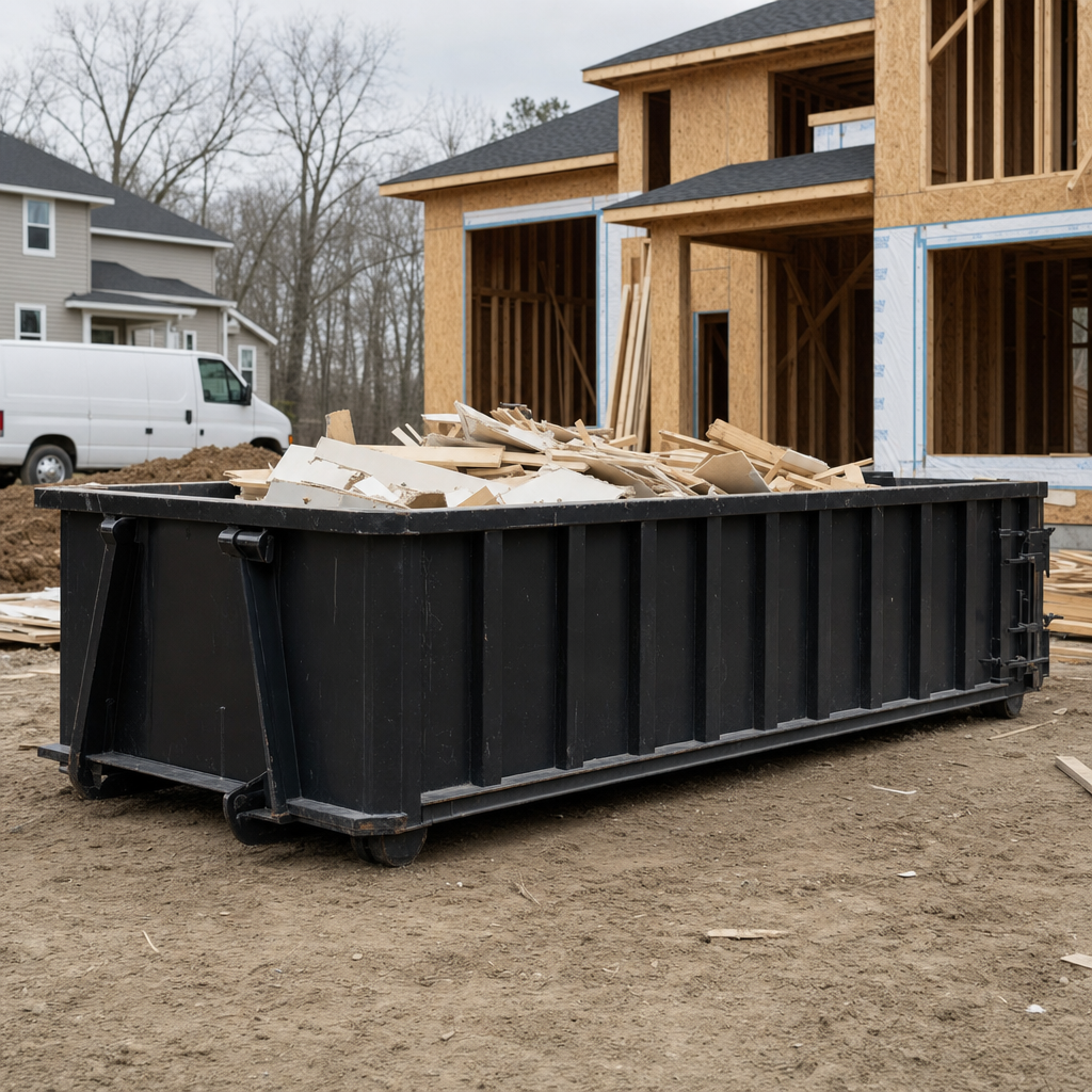 Worker in a yellow high-visibility vest tossing framing lumber and broken drywall into a matte-black 30-yard construction roll-off dumpster on an active build site in North Miami, bright daylight