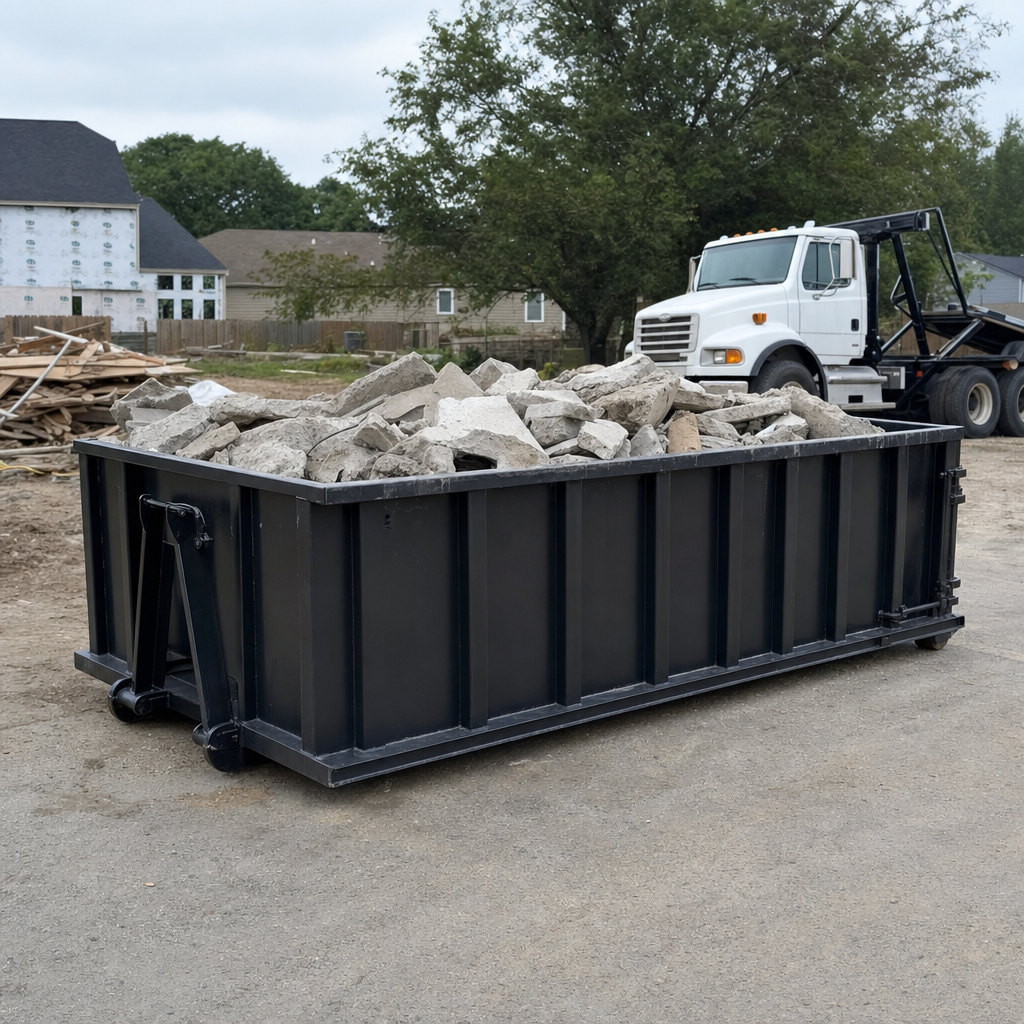 Low-profile matte-black lowboy roll-off dumpster loaded with broken concrete slab and rebar at a foundation tear-out in North Miami, skid steer parked beside it, sunny Colorado morning