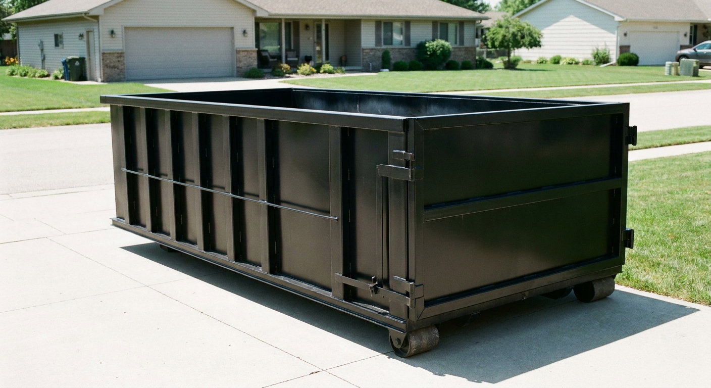 Matte-black 10-yard roll-off dumpster on a residential concrete driveway in North Miami, uniformly painted matte black across every panel and rail, ribbed steel sidewalls and rear swing door visible, mid-day daylight.