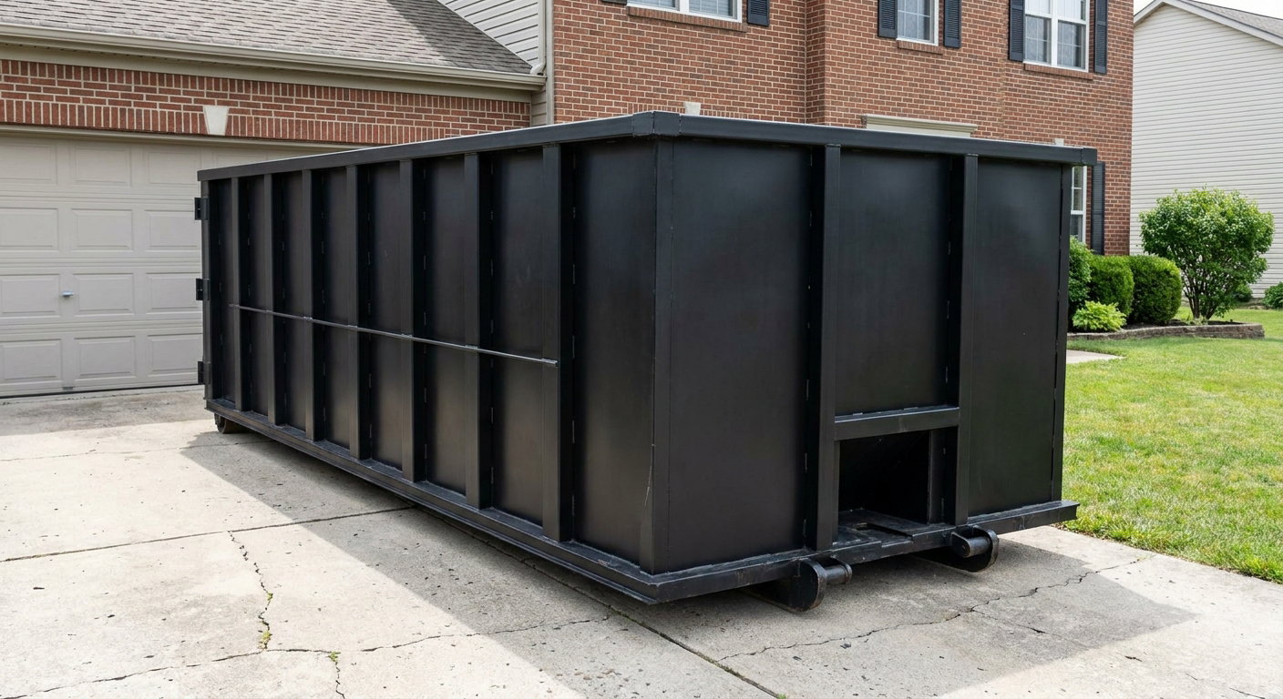 Matte-black 20-yard roll-off container on a North Miami residential concrete driveway with reinforced ribbed steel sidewalls and a hinged rear walk-in door, clean bright daylight.