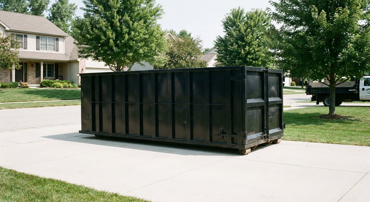 Matte-black 20-yard roll-off dumpster sitting level on a clean North Miami residential concrete driveway under bright daylight, demonstrating clean placement directly on the concrete.