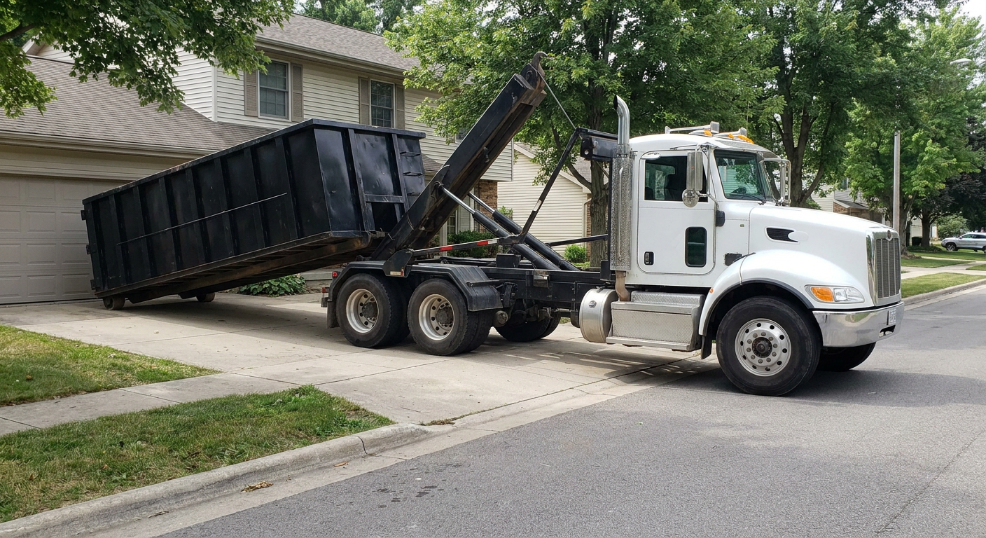 White-cab hooklift roll-off truck actively lowering a matte-black dumpster onto a North Miami residential concrete driveway, the dumpster's rear wheels touching the driveway as the hoist arm tilts the bed forward, mid-morning daylight.