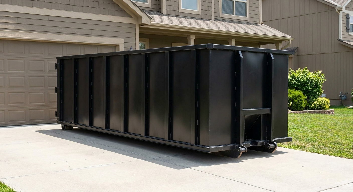 Matte-black residential roll-off dumpster sitting directly on a suburban North Miami concrete driveway, garage door closed, single-family home in background, bright morning daylight.