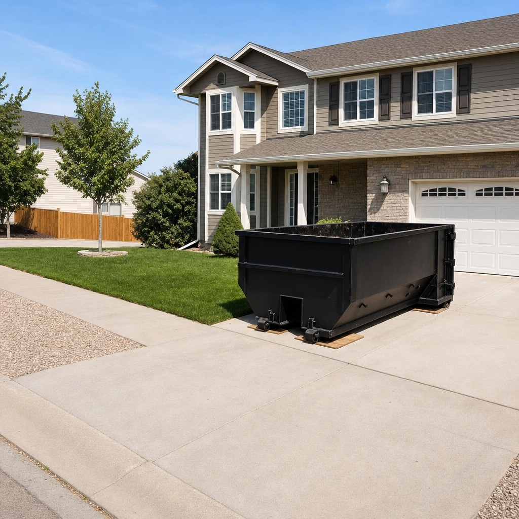 10-yard matte-black residential dumpster placed directly on a narrow North Miami concrete driveway, room remains for a parked sedan beside it, mid-morning natural light