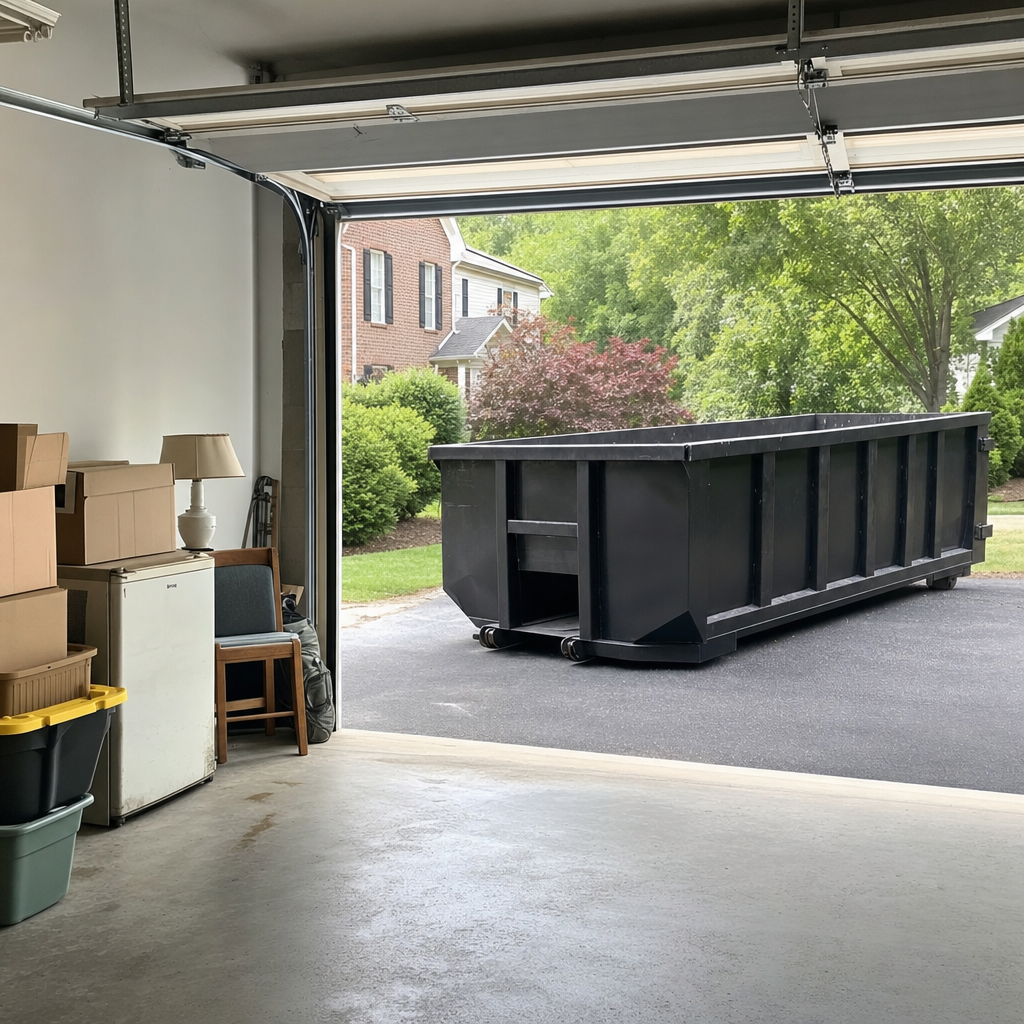Open garage interior in a North Miami home mid-cleanout — boxed items, an old appliance, and stacked yard tools queued near the driveway for a matte-black roll-off dumpster, organized and calm