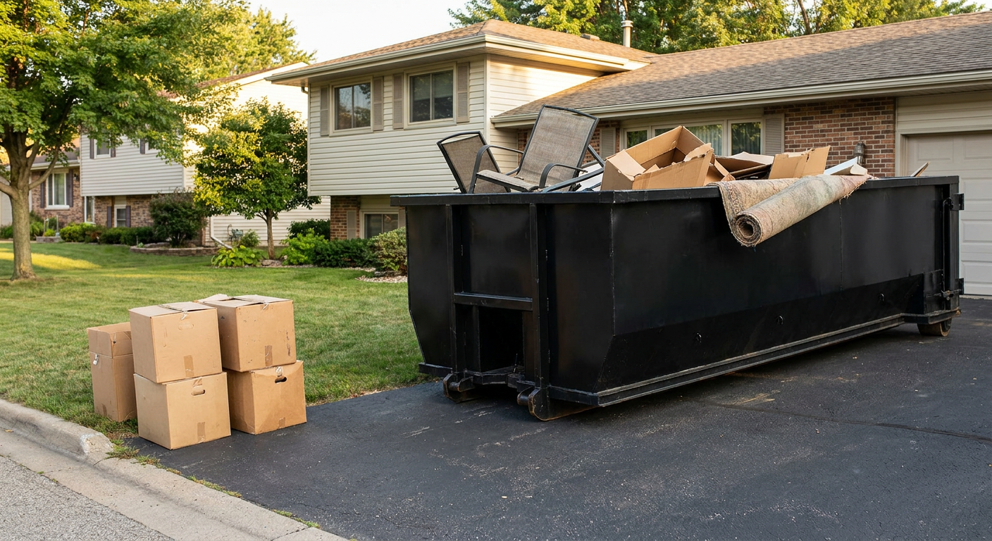 Front-yard view of a North Miami split-level home with a 20-yard matte-black roll-off dumpster sitting directly on the asphalt driveway, a few clearly labeled donation boxes staged at the curb, calm sunny afternoon.