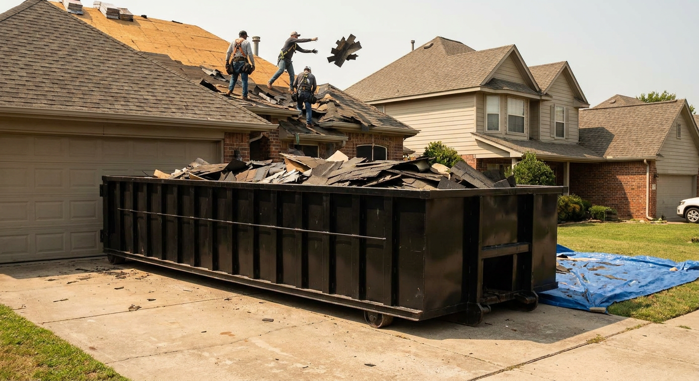 Matte-black roofing roll-off dumpster placed directly on a North Miami residential concrete driveway, a tear-off crew on a two-story asphalt-shingle roof tossing shingle bundles into the low-walled container, bright daylight, documentary 35mm perspective.