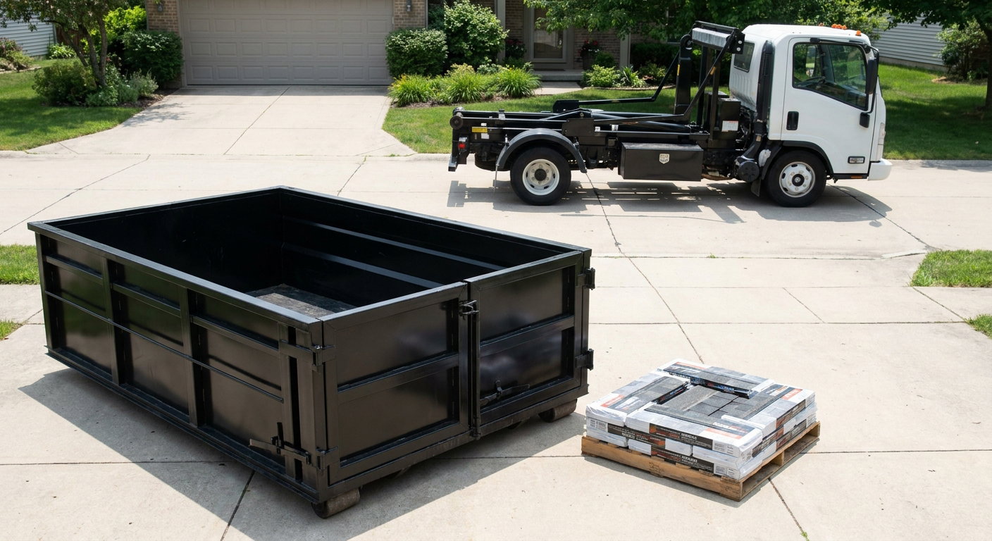 Matte-black 15-yard roofing roll-off dumpster with reinforced low side walls sitting directly on a North Miami residential concrete driveway, three-tab asphalt shingle bundles stacked nearby, an unmarked white hauler truck partially visible at the edge of the frame.
