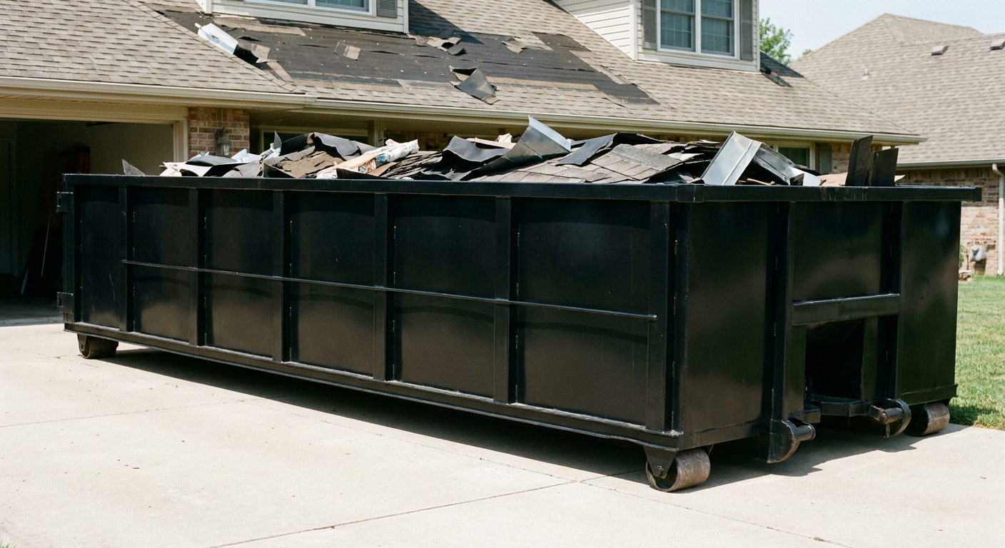 Matte-black 20-yard roofing roll-off dumpster with steel ribbed sides and swinging rear door, sitting directly on the concrete driveway of a two-story North Miami home, asphalt shingle debris being loaded over the low wall, clean documentary lighting.