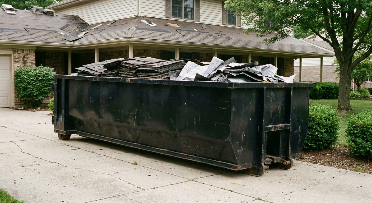 Matte-black 30-yard roofing roll-off dumpster sitting directly on a North Miami concrete driveway, taller ribbed steel side panels, mixed tear-off debris of asphalt shingles and underlayment inside, professional documentary daylight.