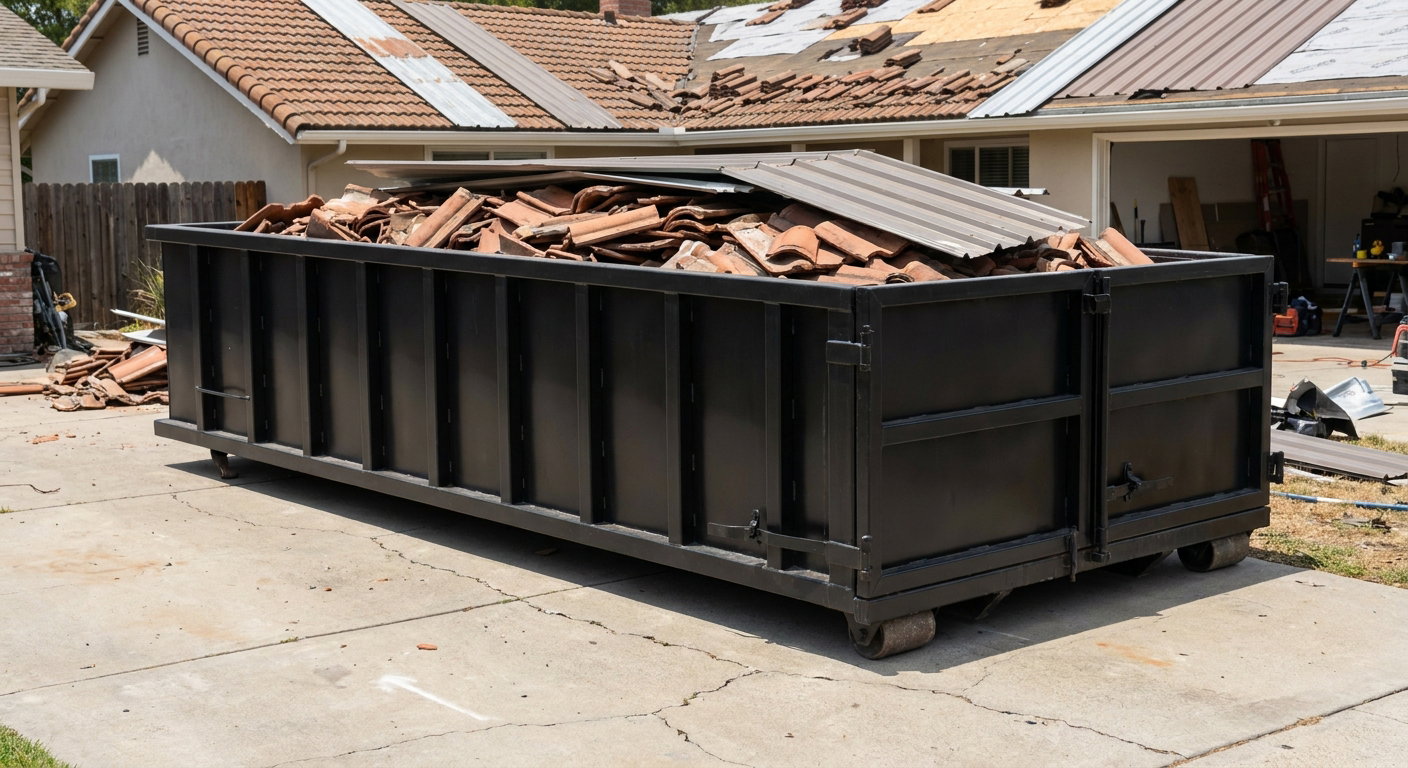 Matte-black low-wall heavy-debris roofing roll-off dumpster sitting directly on a North Miami concrete driveway, broken concrete clay roof tiles and metal panel sections loaded inside, reinforced ribbed steel side walls visible, bright outdoor daylight.