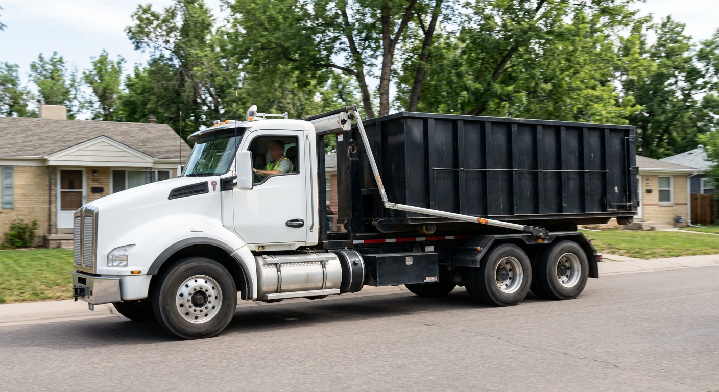 A wide documentary shot of a matte-black roll-off delivery truck pulling onto a quiet North Miami residential street at mid-morning, with neighborhood rooftops and tree-lined blocks visible behind, showing the metro coverage footprint.
