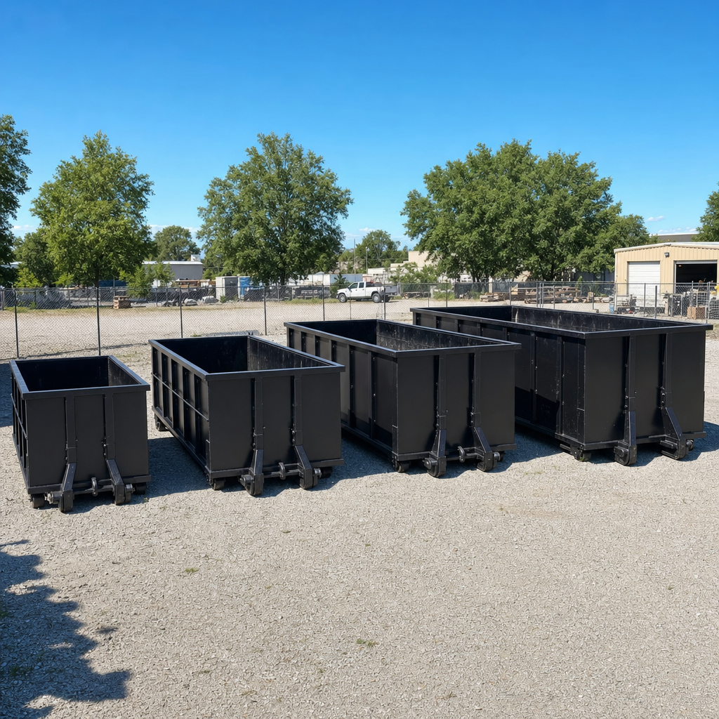 A clean lineup of matte-black roll-off dumpsters in 10, 20, 30, and 40-yard sizes staged on a sunlit gravel yard in North Miami, showing the size progression from compact to commercial-scale containers.