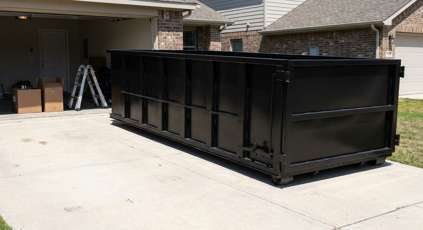 A matte-black 10-yard roll-off dumpster sitting directly on a residential North Miami concrete driveway, mid-day sunlight, clean and ready for a garage cleanout.