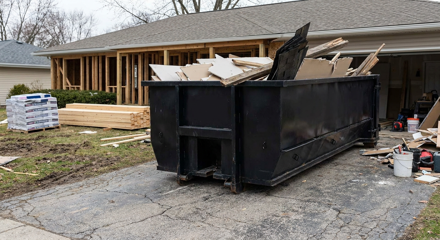 A matte-black 20-yard roll-off dumpster placed alongside a mid-renovation North Miami home directly on the asphalt driveway, with framing materials and torn-off shingles staged neatly nearby.