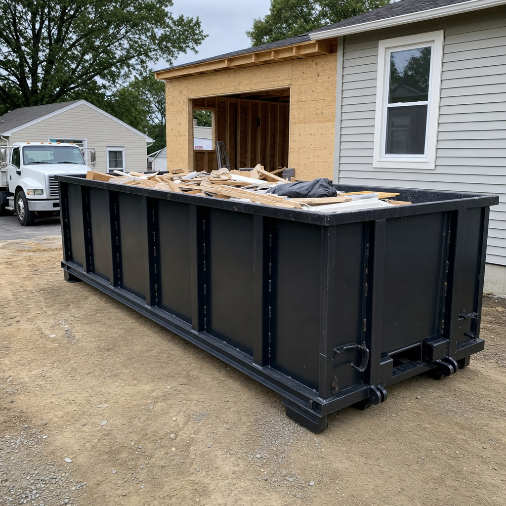 A matte-black 30-yard roll-off dumpster positioned at a North Miami residential addition jobsite, with framing lumber and drywall scraps loaded through the open swinging rear doors.