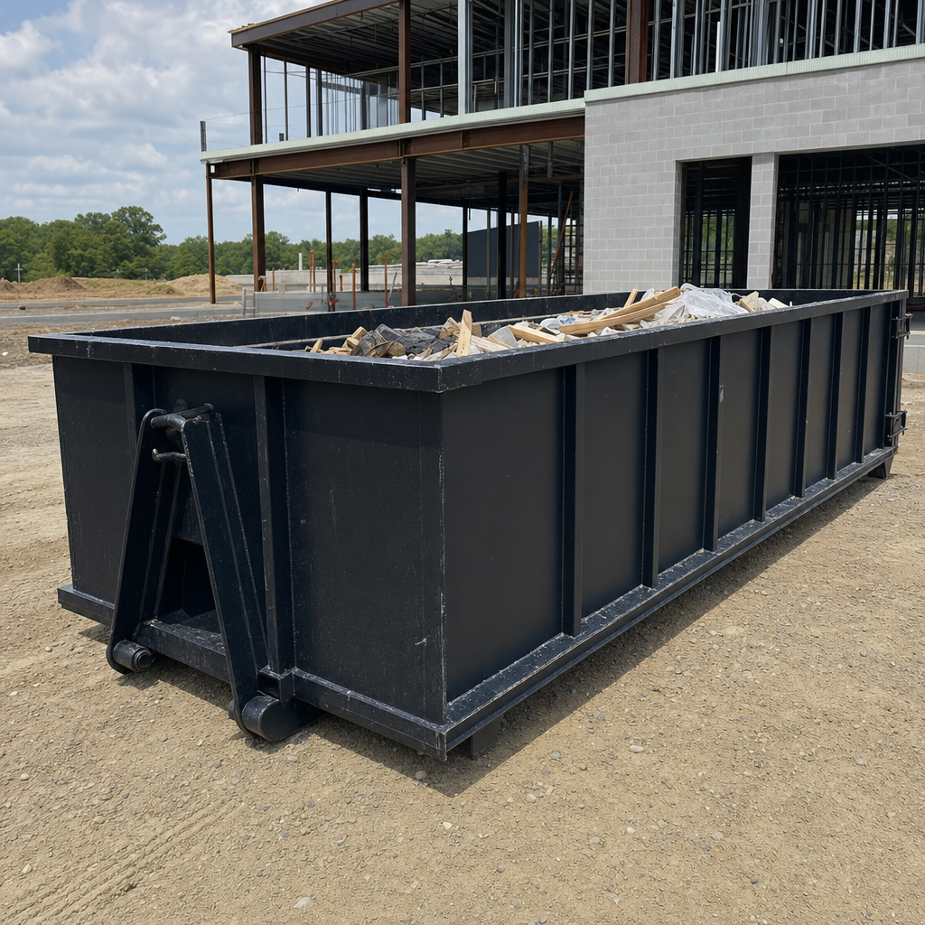 A matte-black 40-yard roll-off dumpster staged on a large North Miami commercial construction lot, with a hooklift delivery truck parked alongside under bright midday sky.