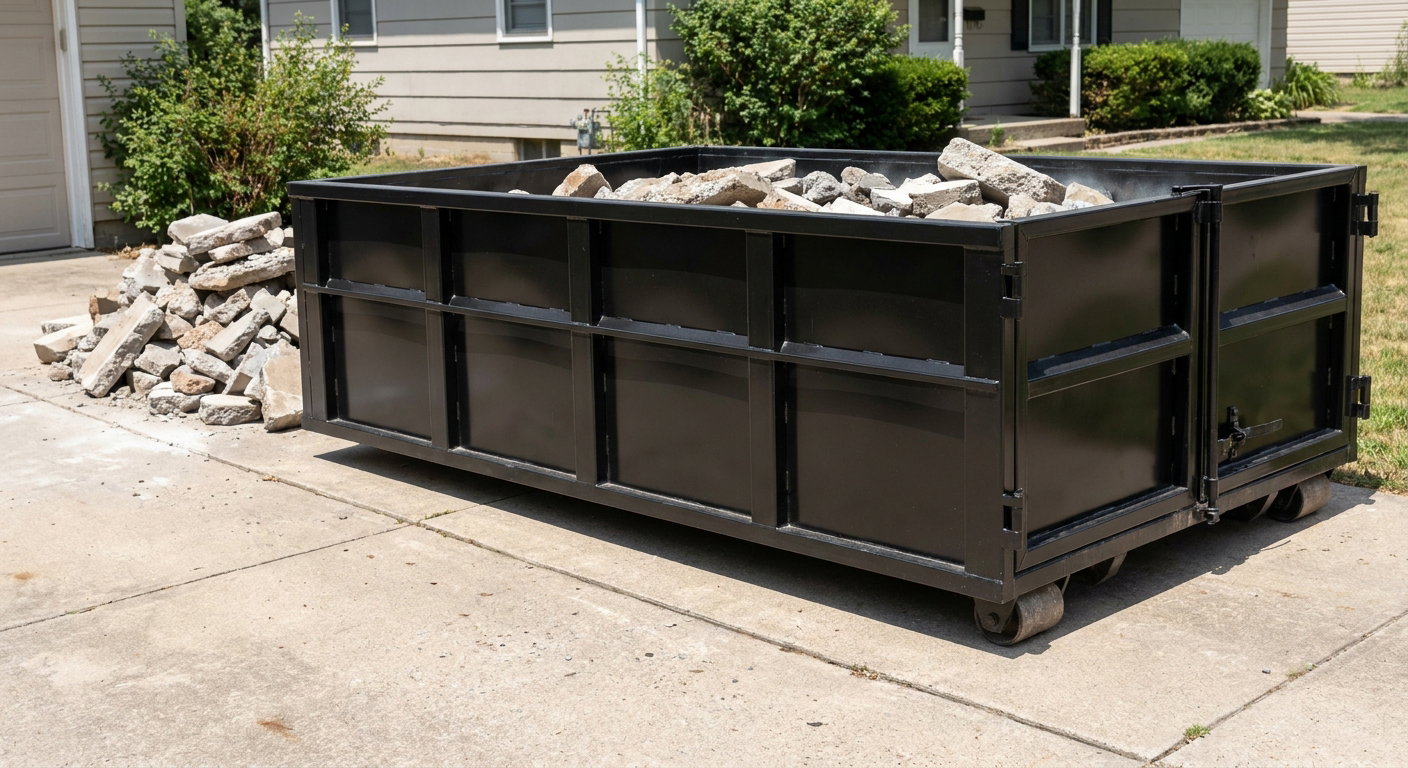 A matte-black low-side heavy-debris roll-off dumpster placed directly on a North Miami concrete driveway, with broken concrete chunks neatly stacked beside it under clean daylight.